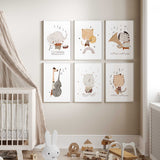Animal band wall art set featuring six musical safari animals for nursery or kids room.
