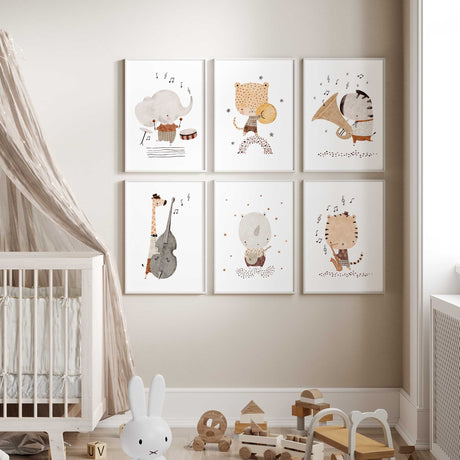 Animal band wall art set featuring six musical safari animals for nursery or kids room.