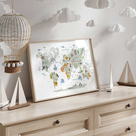 Animal map of the world wall art for kids and playrooms