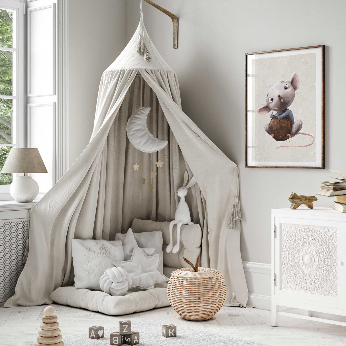 Animal mouse kids wall art print with soft storybook illustration designed for warm neutral nursery room styling