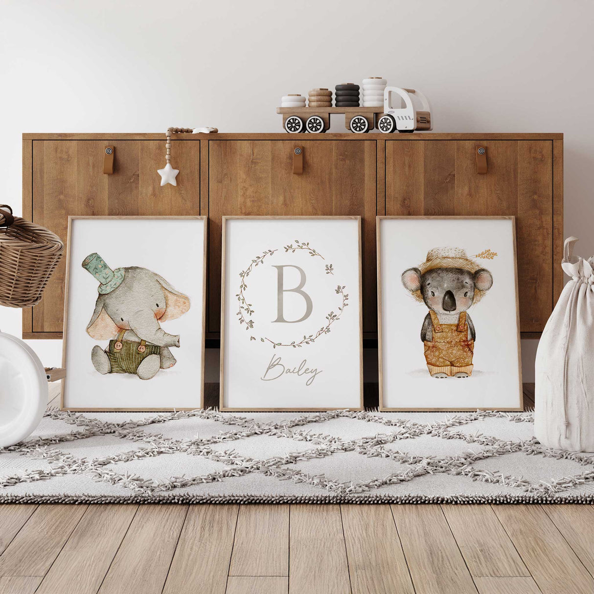 Neutral animal nursery wall art set of three personalised baby prints