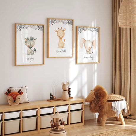 Animal nursery prints set of 3 featuring elephant zebra and giraffe prints