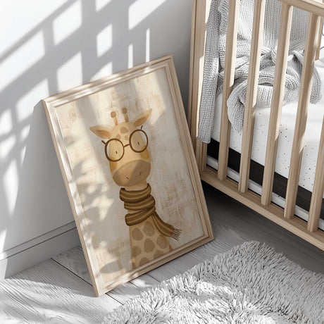 Adorable giraffe wall art print in soft neutral tones for nursery or playroom