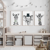 elephant giraffe zebra character portrait prints for kids room decor