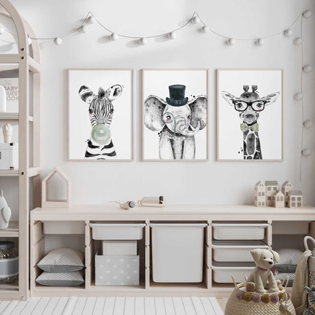 elephant giraffe zebra character portrait prints for kids room decor