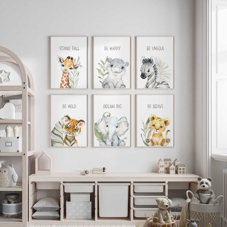 Set of 6 nursery animal prints with inspiring messages in watercolour style for children's rooms.