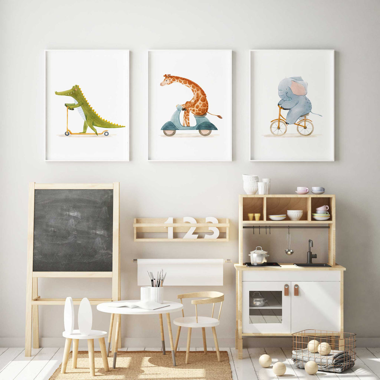 Three nursery wall art prints showing a crocodile on a scooter, a giraffe riding a moped, and an elephant on a bicycle in a neutral kids playroom setting for animal themed nursery decor