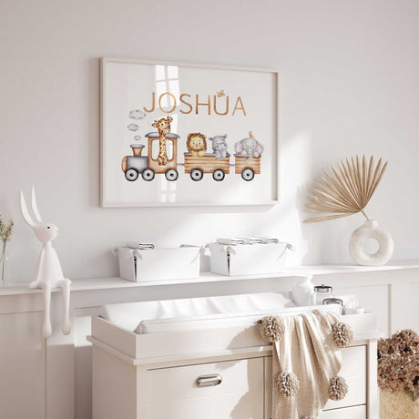 Animal train nursery name print above a giraffe, lion, hippo and elephant riding in brown train carriages.
