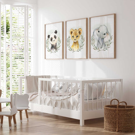 Neutral baby animal print set of 3 for boys or girls nursery décor