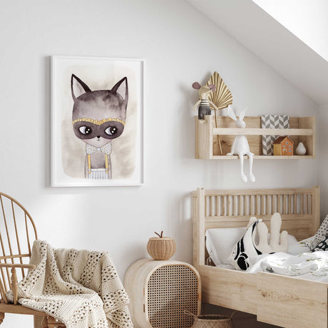Children’s animal wall art featuring a dressed watercolour cat with a bow tie, suspenders and gentle neutral colours