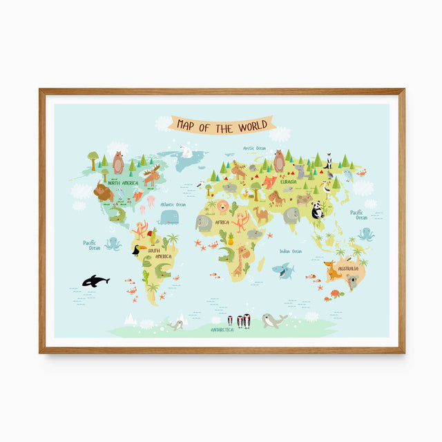 Animal world map print for a kids room with wildlife illustrations and labelled continents and oceans