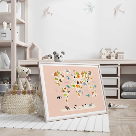 animal world map wall art for playroom or kids bedroom decor