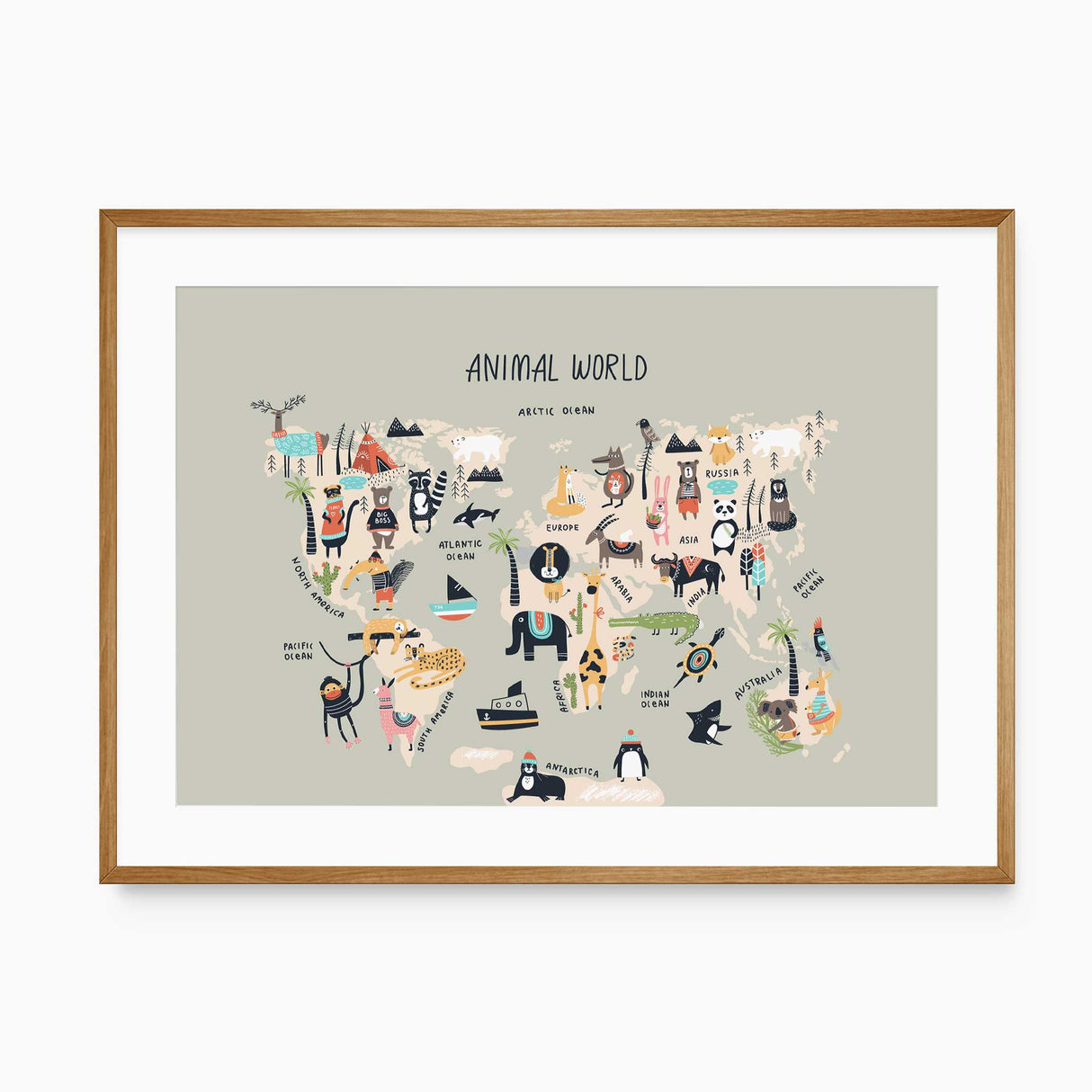 Animal World map print for kids with playful animal characters and explorers