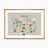 Animal World map print for kids with playful animal characters and explorers