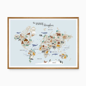 Animal world map wall art for kids with global wildlife illustrations