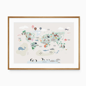 Kids world map print with animals and hot air balloons for nursery decor