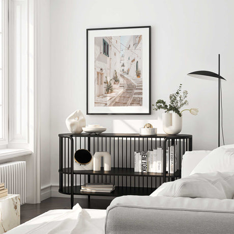 Mediterranean photo print of Ostuni in Puglia, Italy featuring rustic steps and bright summer light.