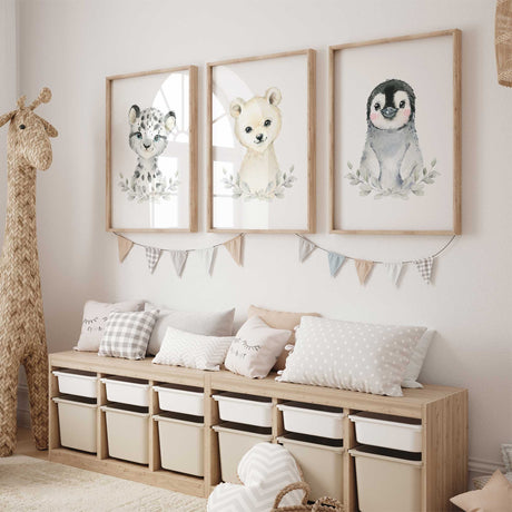 arctic animal nursery wall art set of three with penguin polar bear and snow leopard