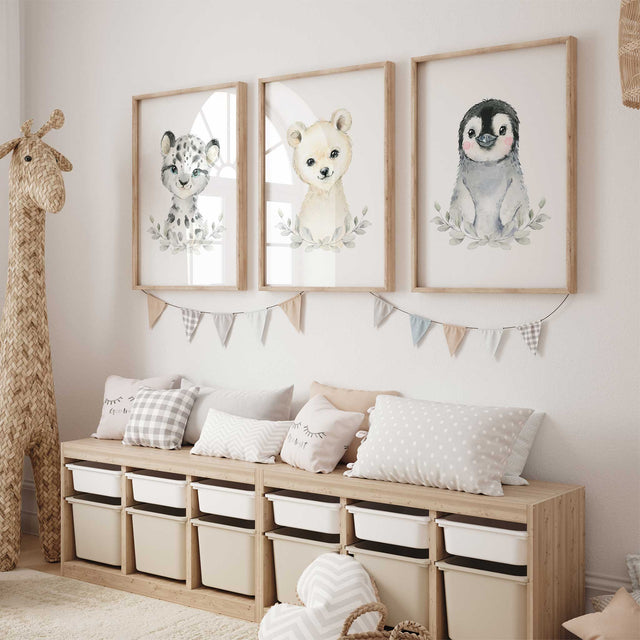 arctic animal nursery wall art set of three with penguin polar bear and snow leopard