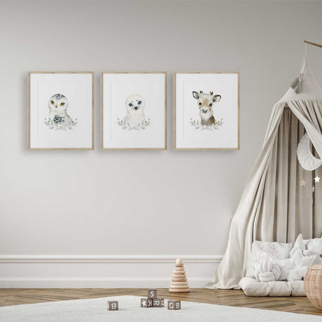 Arctic nursery wall art set with gentle winter animal illustrations
