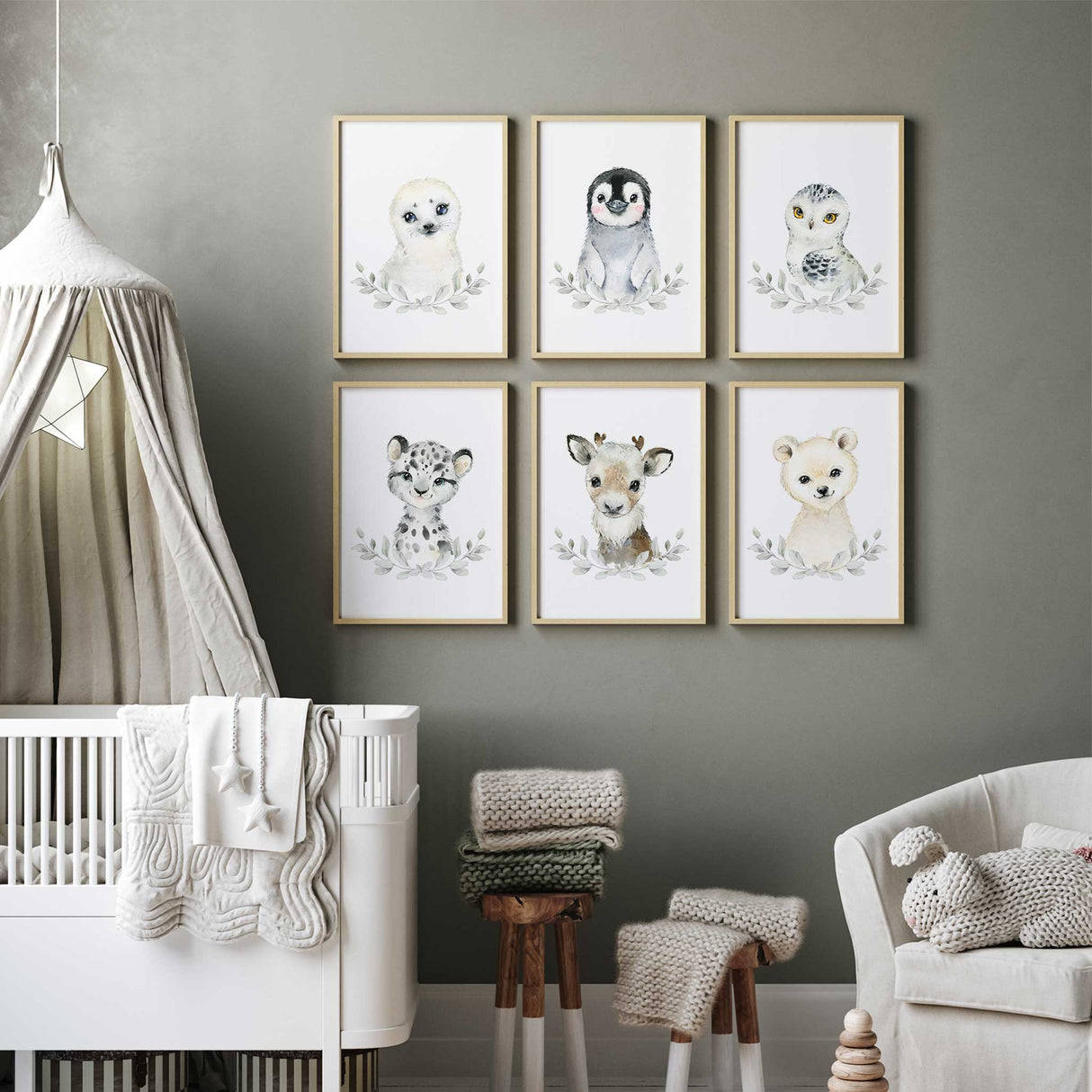 Set of 6 Arctic nursery prints featuring baby seal, penguin, snowy owl, snow leopard, reindeer and polar bear