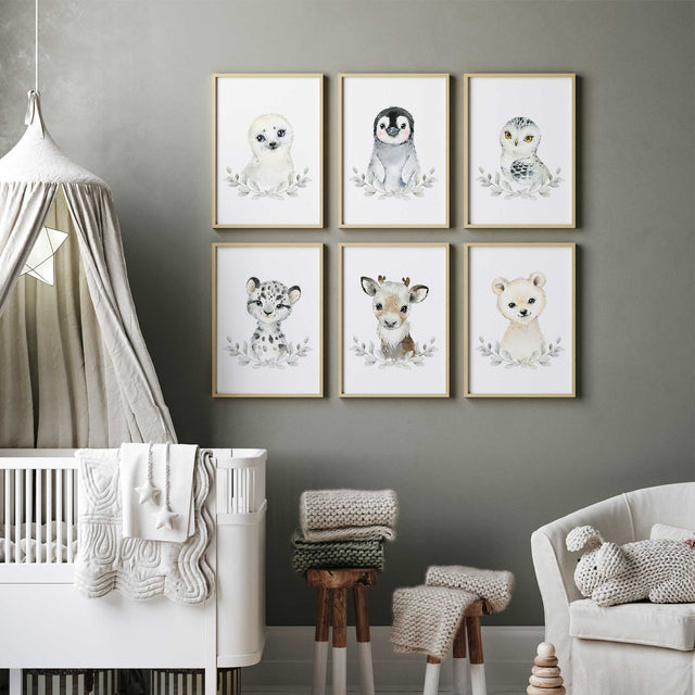 Set of 6 Arctic nursery prints featuring baby seal, penguin, snowy owl, snow leopard, reindeer and polar bear