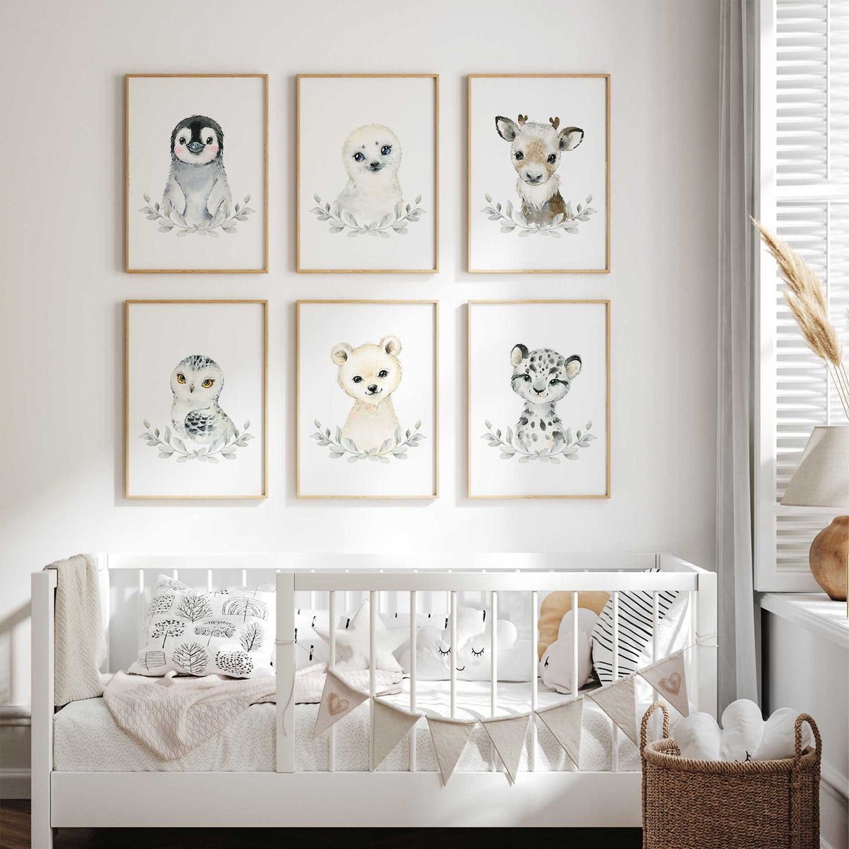 Winter nursery wall art with baby polar animals in watercolour style
