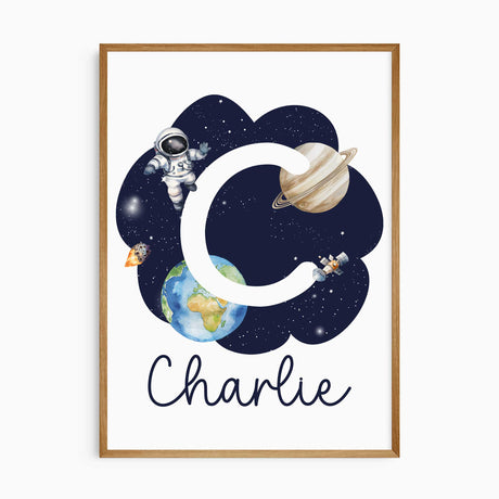 Personalised initial wall art with astronaut and planet for boys room