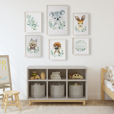 Australian animal gallery wall print set for nursery with mixed portrait and square prints