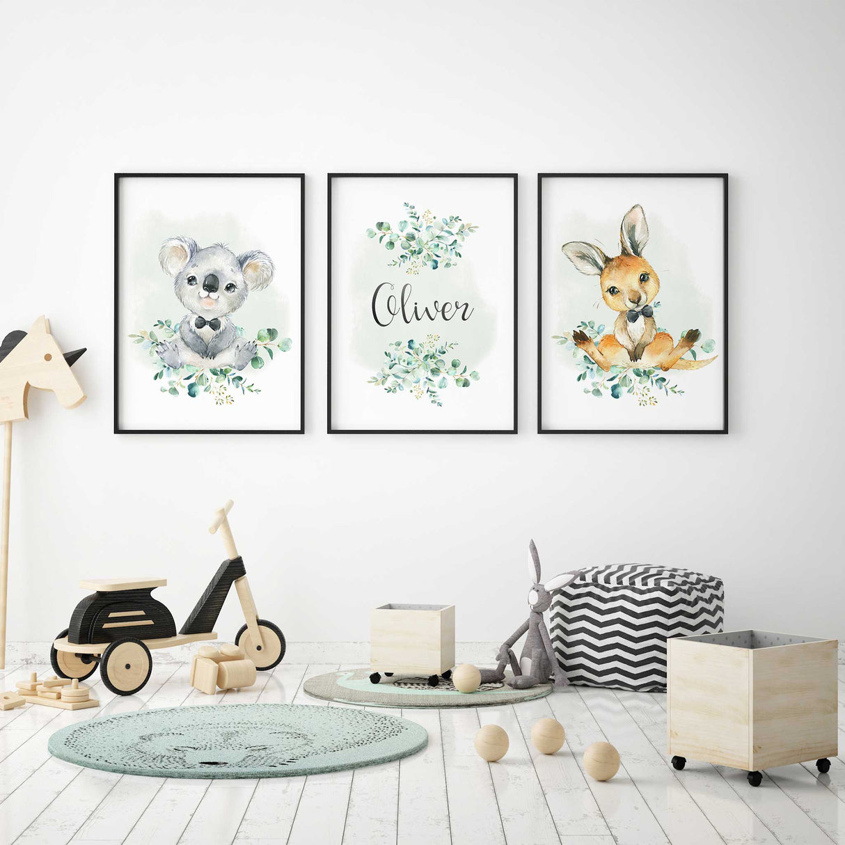 Australian animal nursery wall art print set with bow tie kangaroo and koala