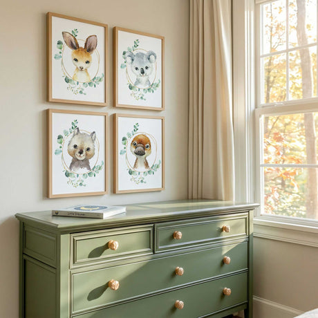 Australian animal nursery wall art set with kangaroo koala wombat and platypus prints with eucalyptus wreath