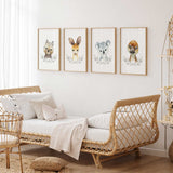 Australian animal nursery wall art set featuring a wombat, kangaroo, koala and emu in soft neutral watercolour tones