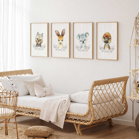 Australian animal nursery wall art set featuring a wombat, kangaroo, koala and emu in soft neutral watercolour tones
