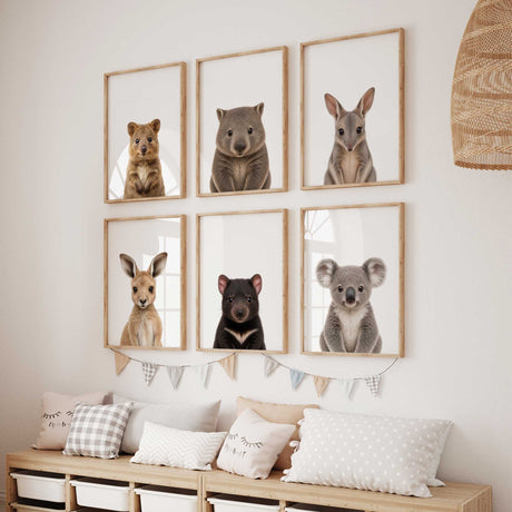 Australian animal nursery wall art set with realistic baby wildlife portraits
