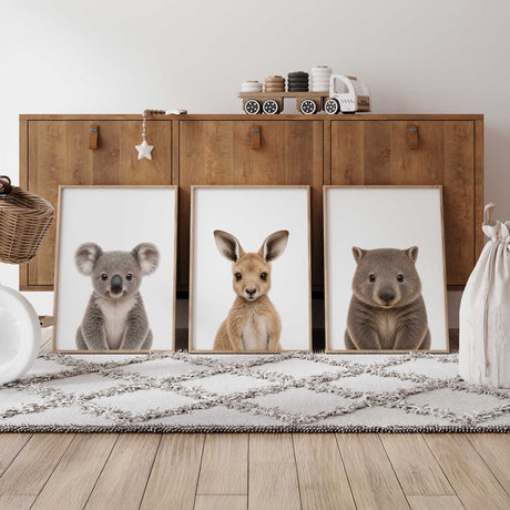 Australian animal nursery wall art set with koala, kangaroo and wombat prints