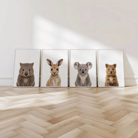 Australian animal nursery wall art set with wombat, kangaroo, koala and quokka prints