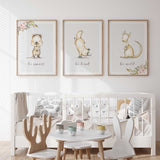 Australian animal prints featuring a wombat, platypus and kangaroo with pink floral corners and positive script wording.
