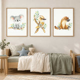 Set of three Australian animal prints featuring a koala, platypus and kookaburra with eucalyptus