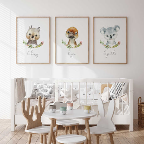 Australian animal nursery wall art set with quokka platypus and koala prints