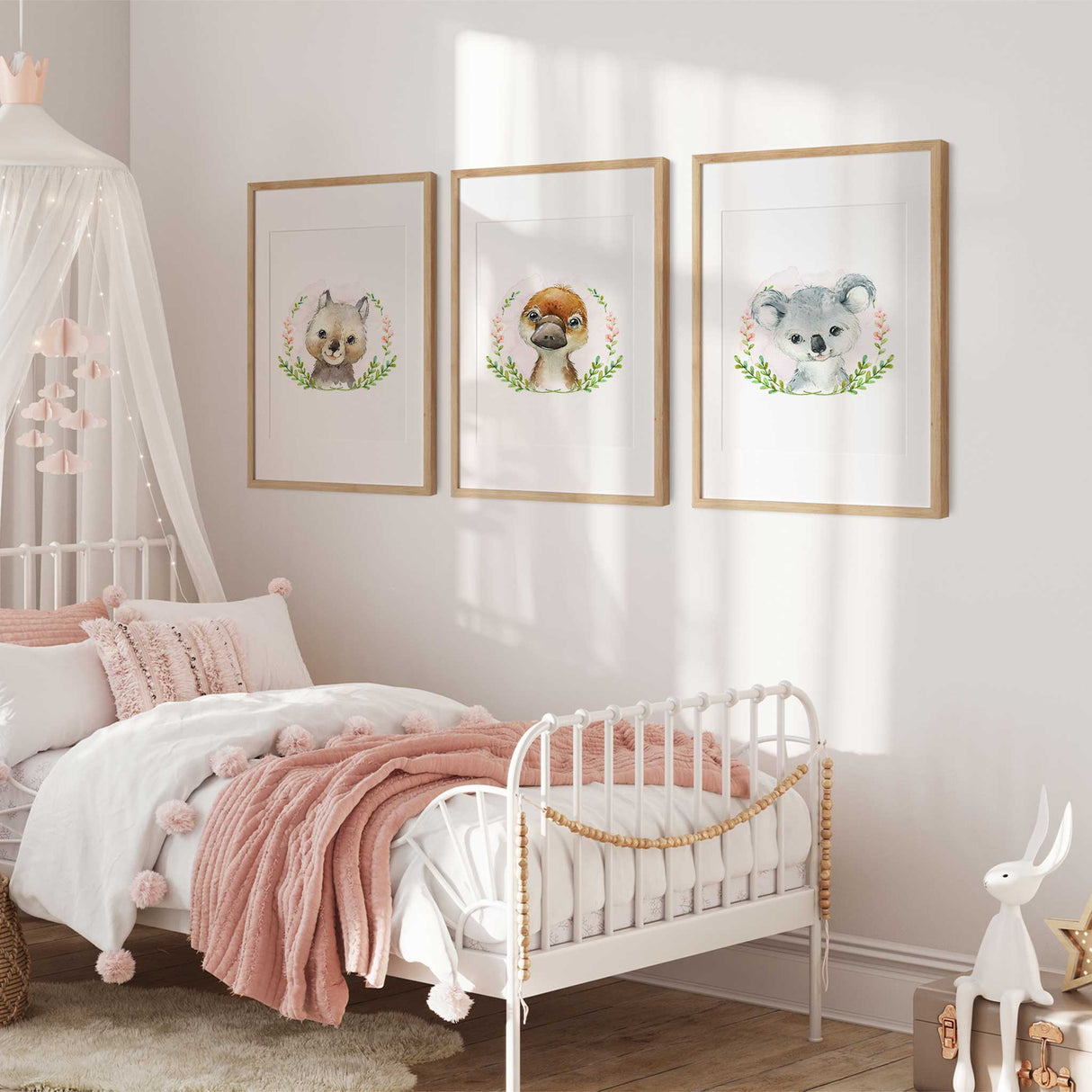Set of three Australian animal wall art prints featuring koala platypus and wombat