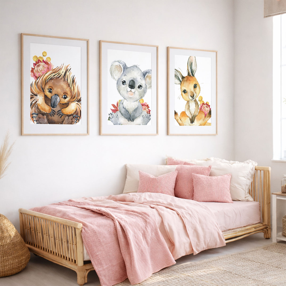 Australian animal wall art set with echidna, koala and kangaroo nursery prints