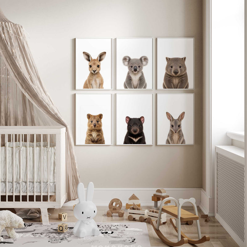 Set of 6 Australian baby animal nursery prints with kangaroo, koala, wombat, quokka, Tasmanian devil and bilby