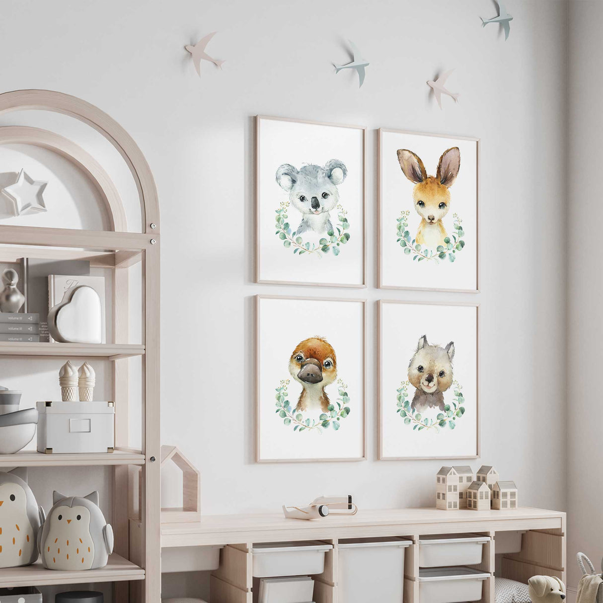 Australian baby animal nursery wall art set of 4 featuring platypus, koala, wombat and kangaroo