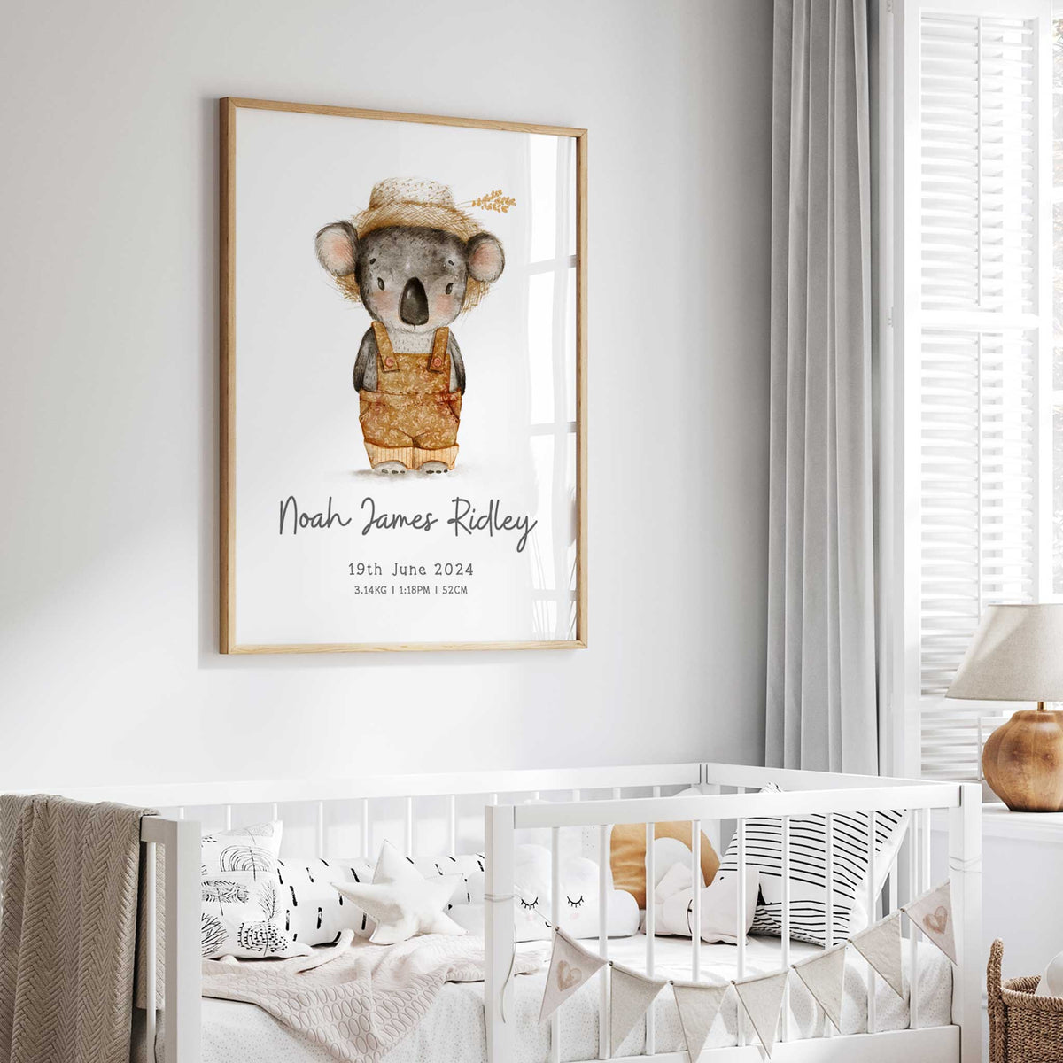 Australian koala baby name print with a koala in orange overalls and personalised birth details displayed below