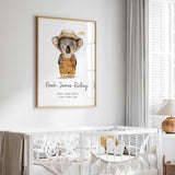 Australian koala baby name print with a koala in orange overalls and personalised birth details displayed below
