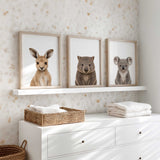 Australian animal nursery wall art set with koala, kangaroo and wombat prints
