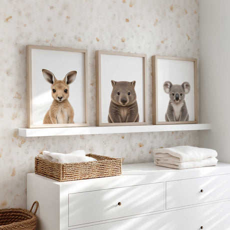 Australian animal nursery wall art set with koala, kangaroo and wombat prints