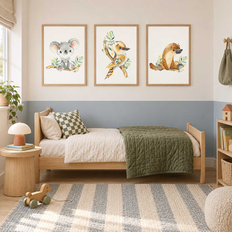 Three Australian native animal prints displayed together as coordinated artwork for a child’s bedroom