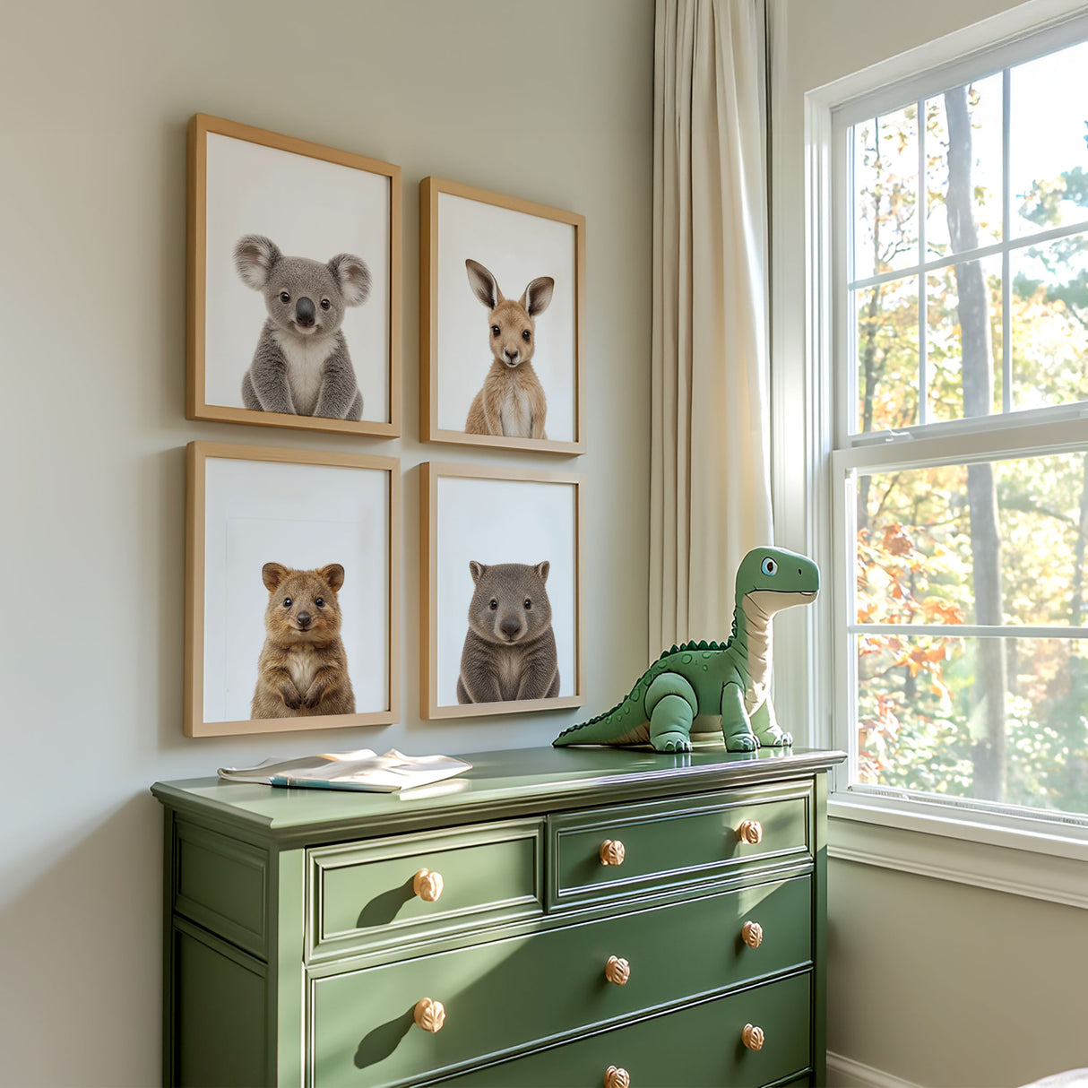 Australian wildlife nursery print set featuring cute animal portraits on white backgrounds