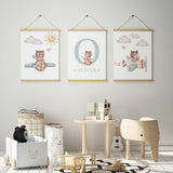 Aviation teddy nursery print set with flying airplane scenes and personalised initial for boys bedroom décor